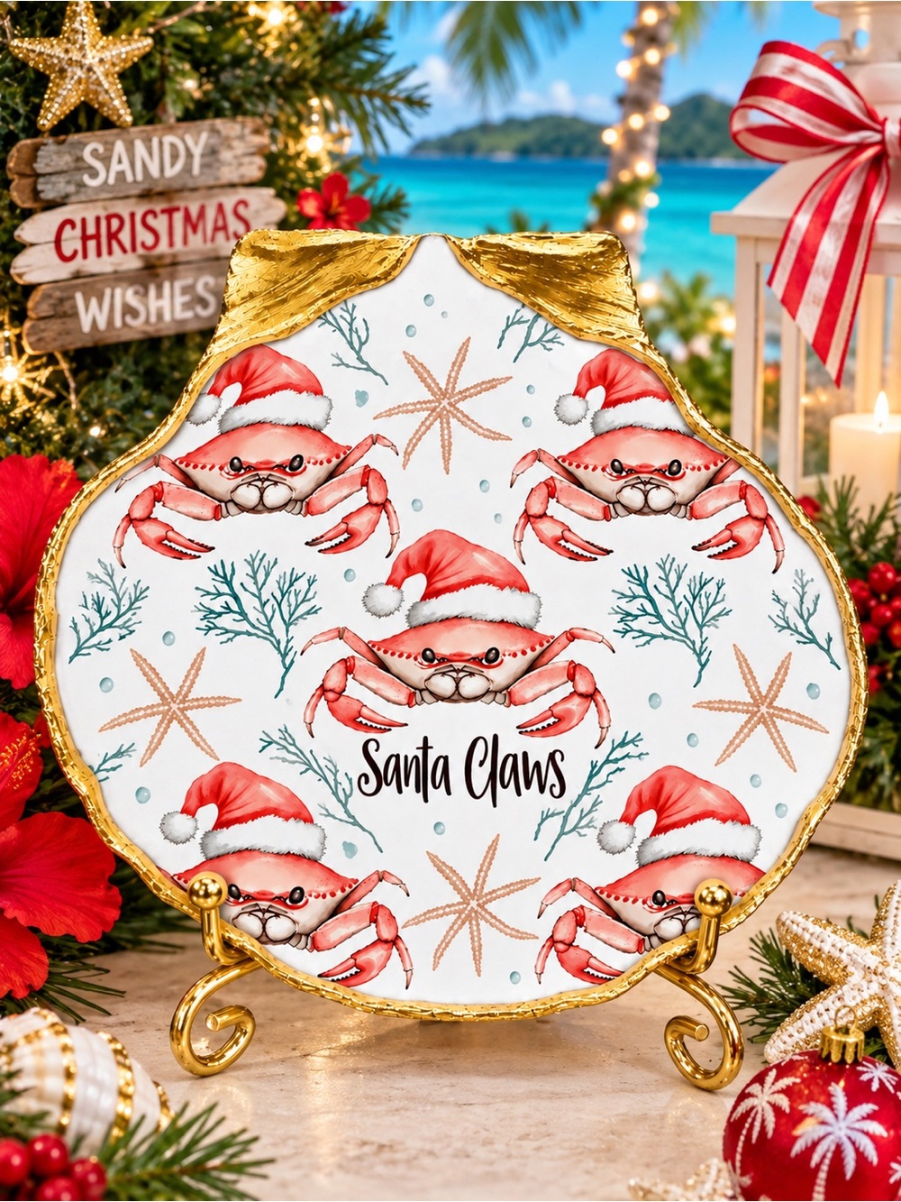 Hand Crafted Santa Claws Trinket Shell Dish 5”